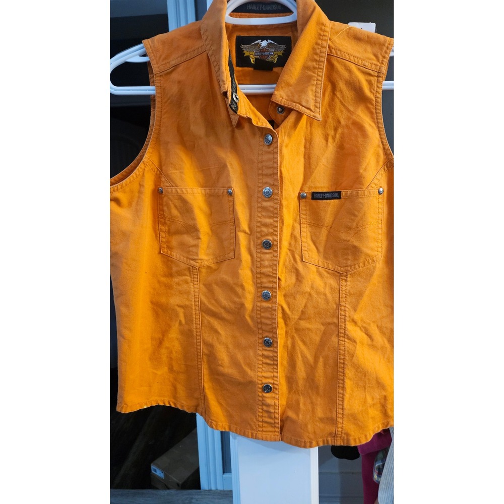 Harley-Davidson Womens Orange Sleeveless Button Down Biker Shirt Siz M Logo Back